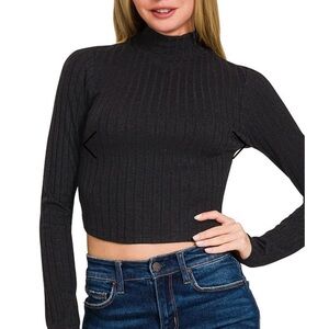 Unbranded Black Cropped Ribbed Mock-neck Lightweight  Turtleneck Sweater